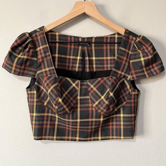 Iorane Brown Plaid Corset Crop Top Puff Sleeve Women's Size 38 Small Academia - Picture 1 of 8
